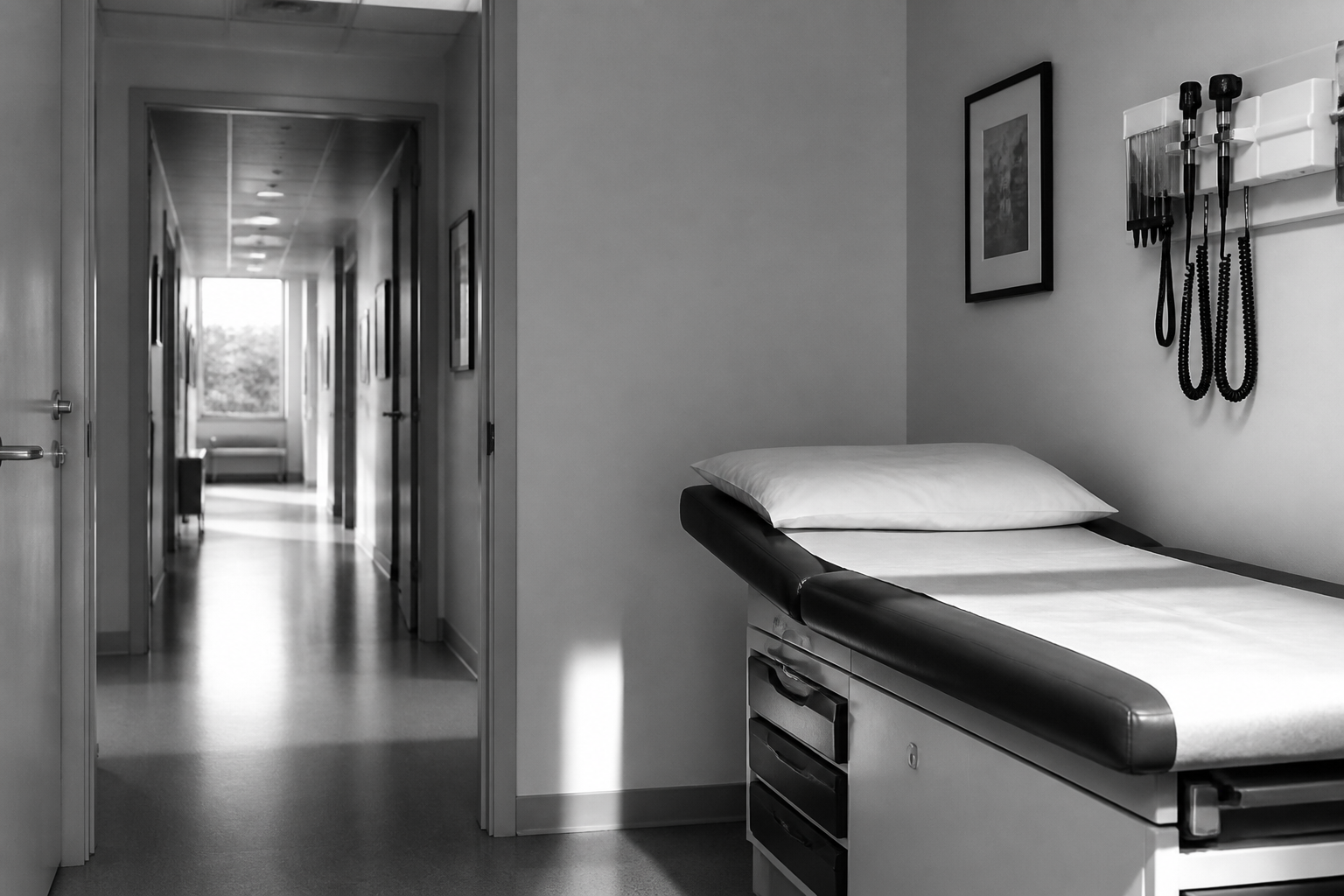 Quiet corridor in an established healthcare practice, photographed in black and white.