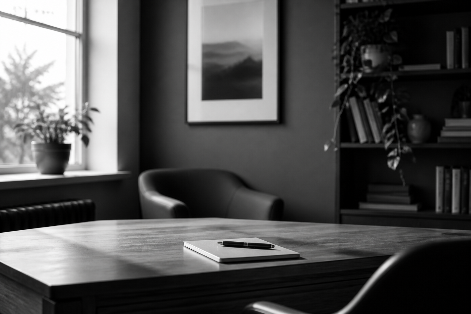 Quiet consulting room desk in soft natural light, photographed in black and white.