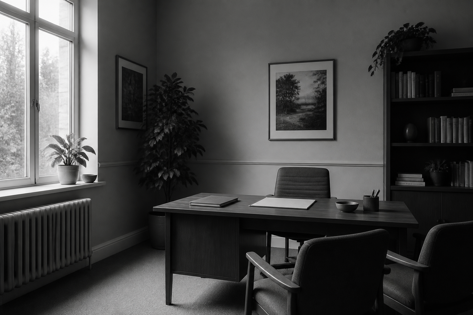 Orderly consulting room prepared for the day in soft natural light, photographed in black and white.