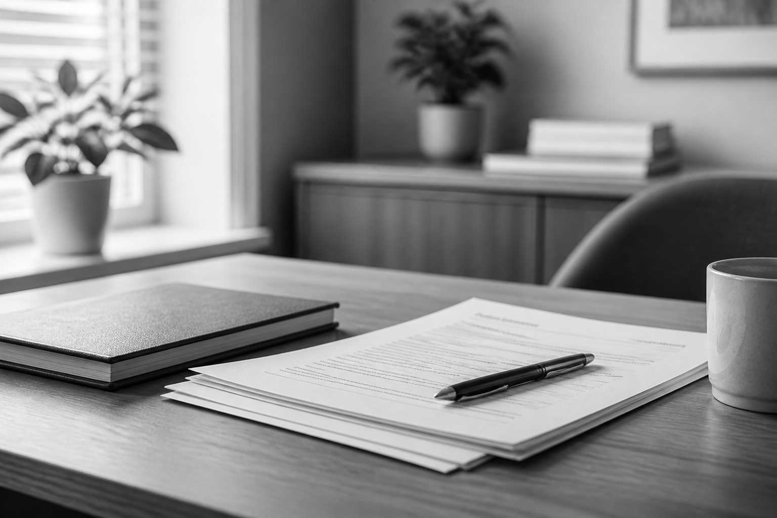Quiet desk with neatly arranged papers and a pen in an orderly professional room, photographed in black and white.